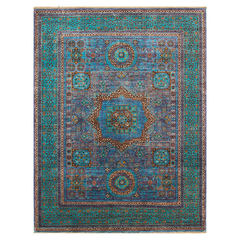 Tapis bleu / mauve / brun noué à la main de haute qualité