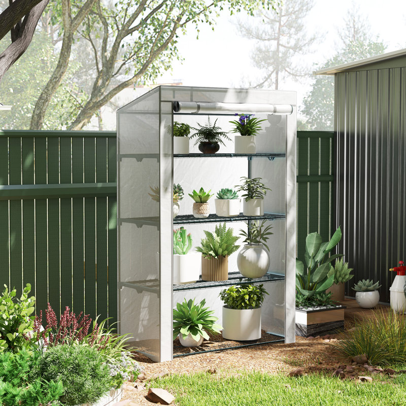 Outsunny 4 Tier Lean-to Mini Greenhouse Roll-Up Door 110 x 50 x 171cm Grey