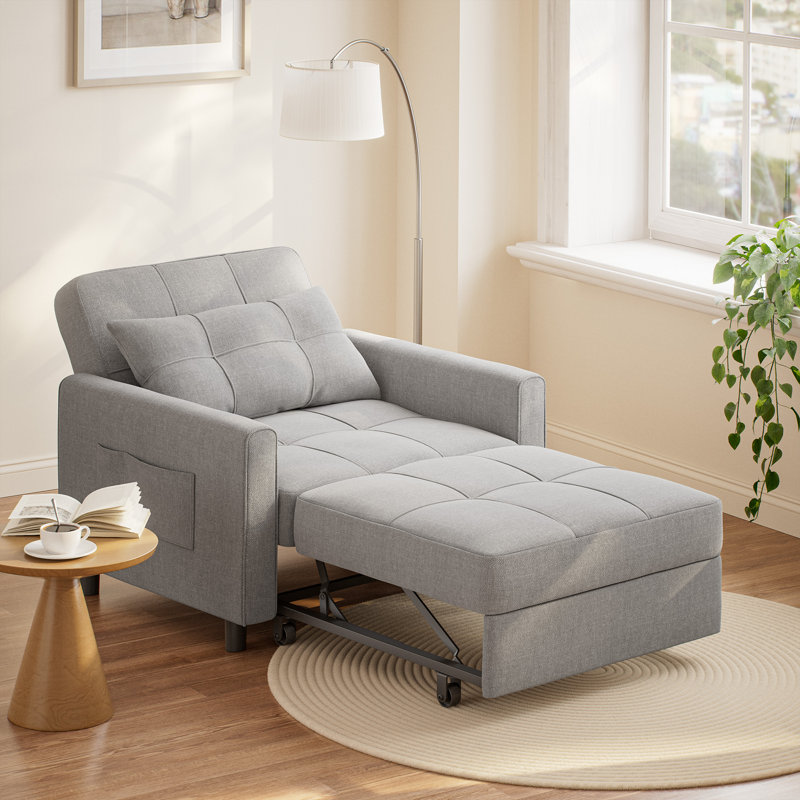 3-in-1 Wide-Seat Upholstered Sleeper Sofa with Side Pockets for Living Room, Bedroom, Study, Gray Linen Blend