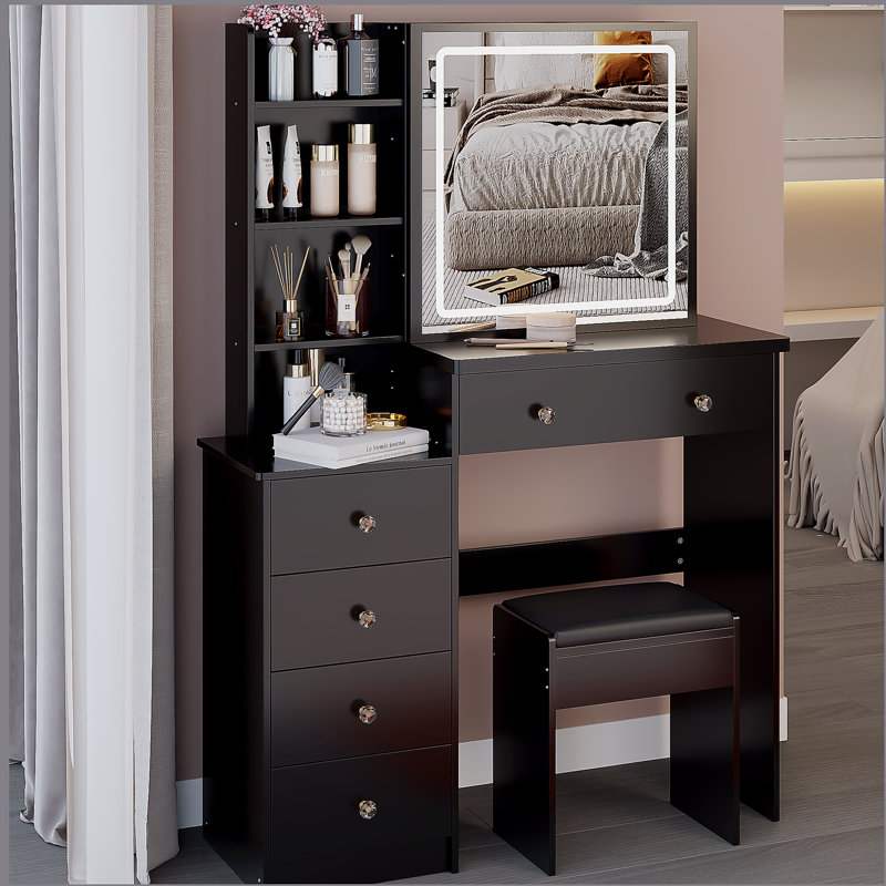 Meuble-lavabo de 37 po avec tabouret de chevet de taille moyenne 37 po + tabouret rembourré, grande commande tactile, interrupteur tricolore, miroir à luminosité réglable, rangement à grande capacité, convient aux espaces moyens