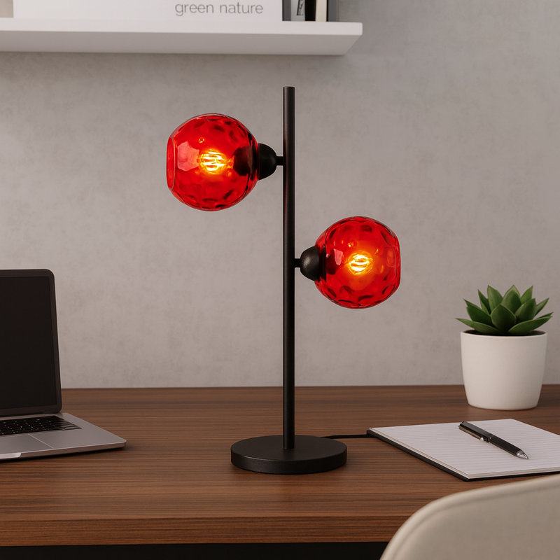 Lampe de table à culot en verre 2 lumières avec base en métal noir - Double lumière moderne, Rouge, Noir
