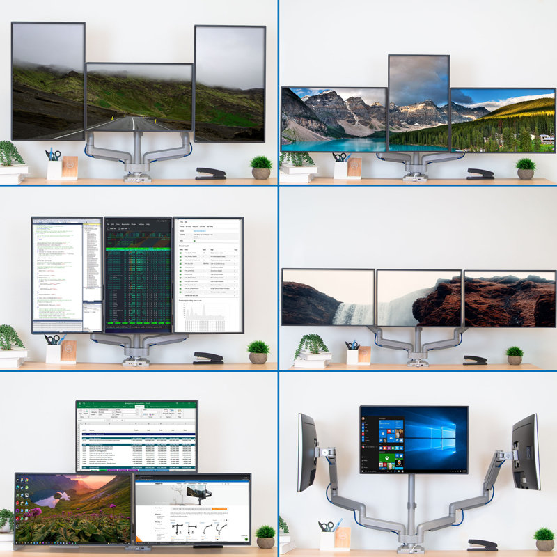 Silver Adjustable Triple Monitor Desk Mount with USB and Audio Ports