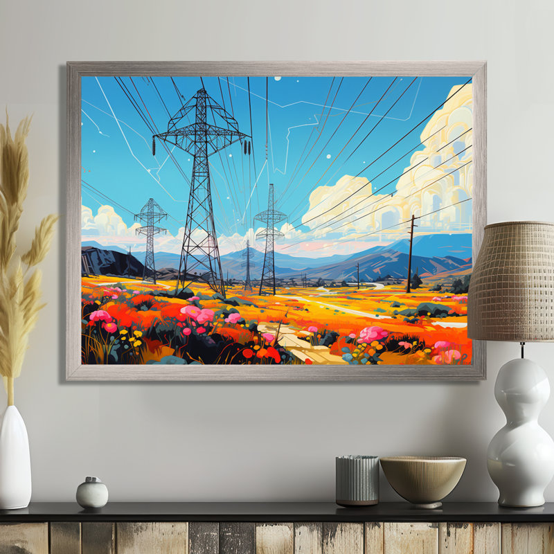 Power Lines Gridscape Serenade I - Power Lines Large Wall Art, 16" H x 32" W x 1" D, Silver Picture Framed