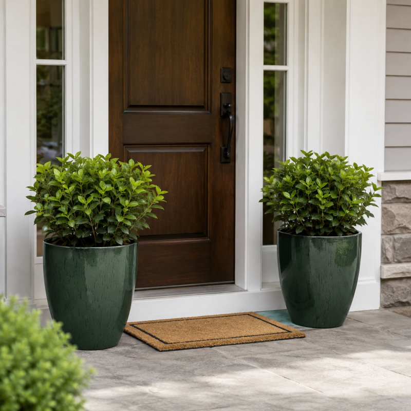 Jardinière intérieure / extérieure en résine vert brillant moderne avec soucoupe et écran de drainage (ensemble de 2)