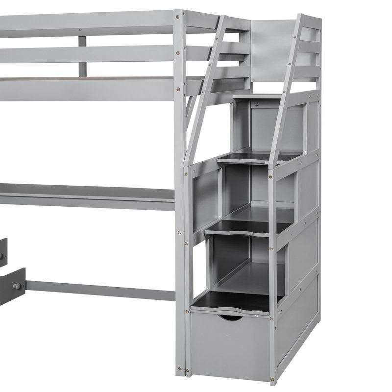 Lit mezzanine simple avec bureau, tablettes et rangement polyvalent gris durable, Gris, Lit simple