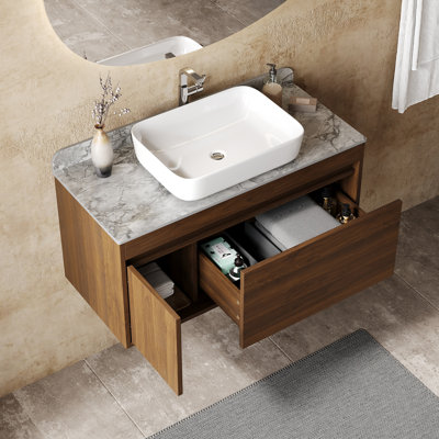 Meuble-lavabo flottant simple 36 po avec lavabo, plateau de table en faux marbre, texture de bois massif brun