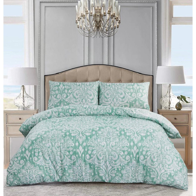 Cotton Duvet Cover Set with Pillowcases Included, Double Duvet Cover Set + 2 Standard Pillowcases, Green Damask