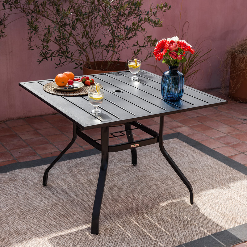 Staghorn 37" Square Patio Dining Table, All-Weather Metal Frame with Umbrella Hole & Adjustable Foot Pads, Black