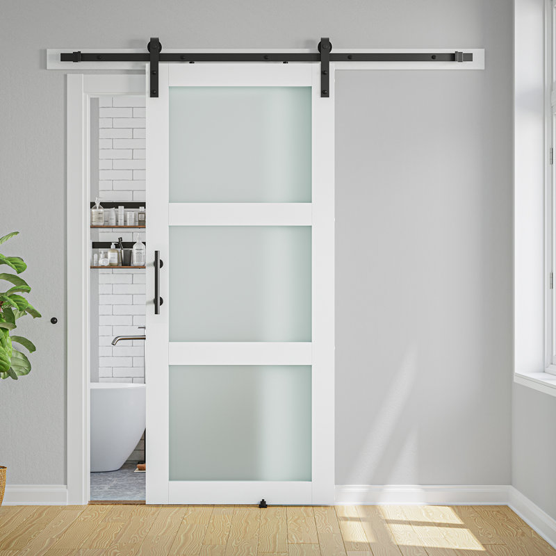 3-Lite Frosted Glass and Wood Panelled Barn Door with Installation Hardware Kit, 28" x 84"
