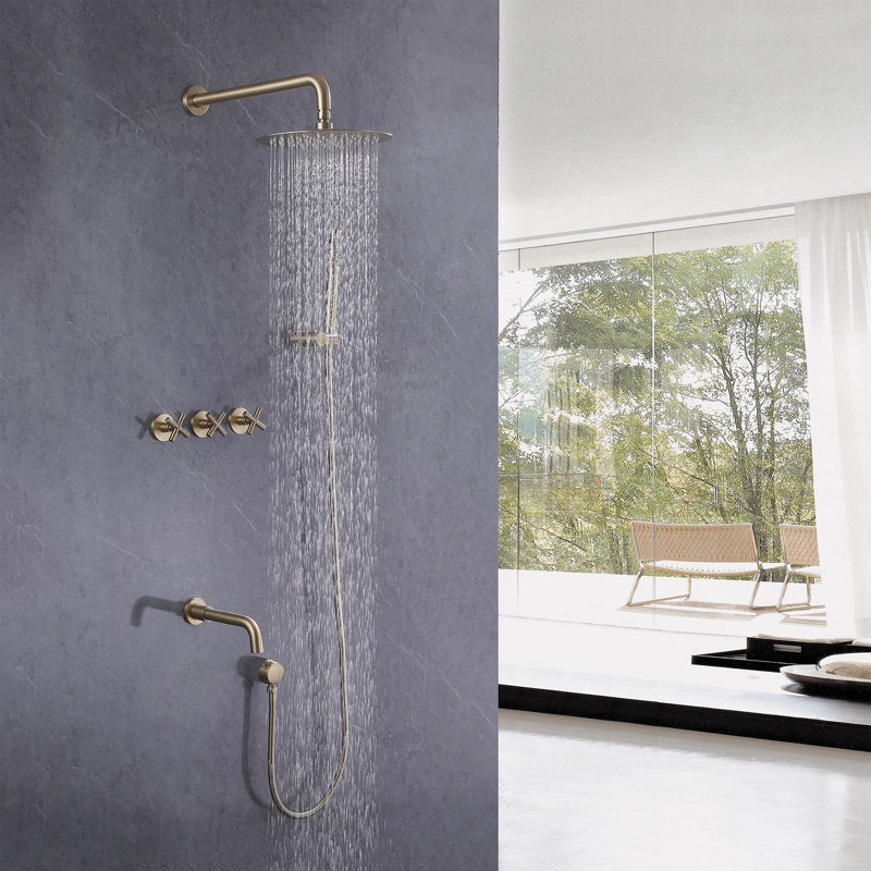 Système de douche complet thermostatique mural 13,78 "avec valve brute, Or brossé