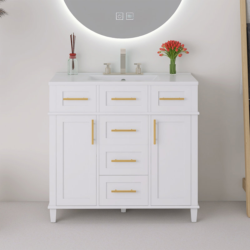 Meuble-lavabo sur pied 36 po blanc avec rangement polyvalent