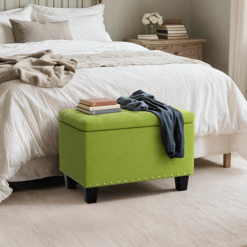 25" Storage Ottoman, Entryway Bedroom Tufted Bench Footrest Stool Footstool with Safety Hinge & Legs, Green