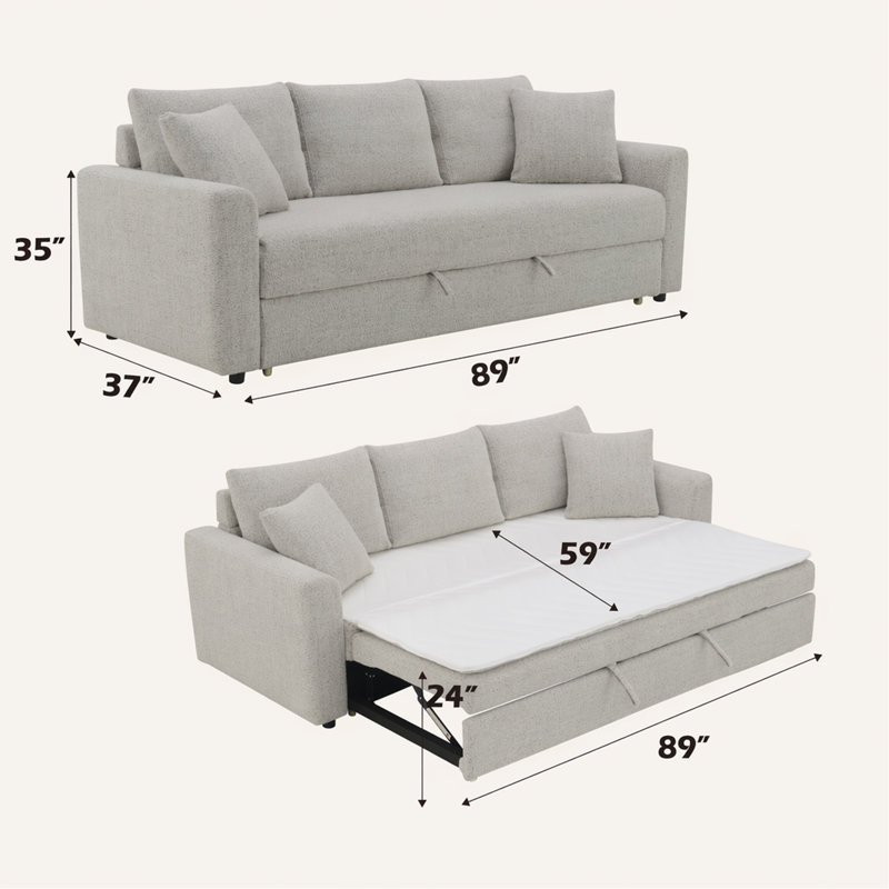 Beige Boucle Sleeper Sectional Sofa w/ 2 Toss Pillows