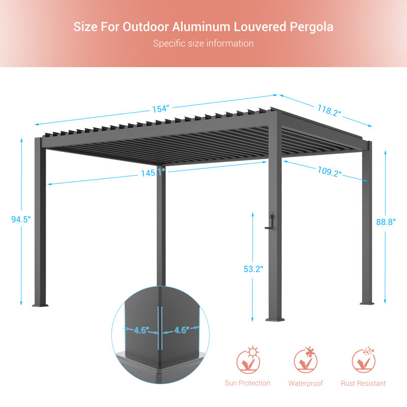 Outdoor Aluminum Frame Pergola, Modern Style with Adjustable Louvers and Concealed Water Drainage System for Backyard, Garden and Lawn