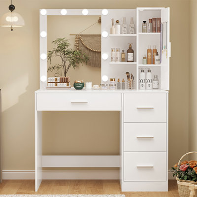 Meuble-lavabo avec miroir, cadeaux de Noël lumineux, bureau de meuble-lavabo avec 4 tiroirs et tablettes ouvertes pour la chambre à coucher, noir