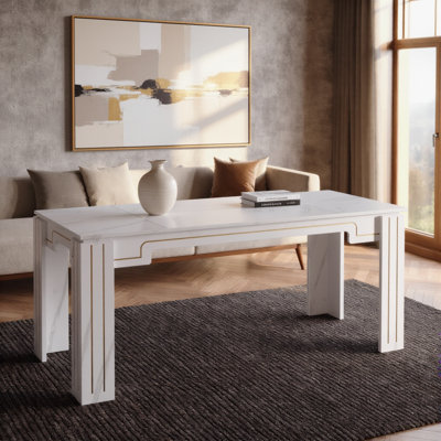 Minimalist White Marble Style Dining Table With Grooved Legs Accommodates Six To Eight Users
