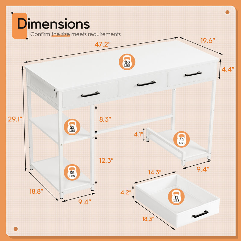 Table d'ordinateur 47 po avec 3 tiroirs, bureau, coiffeuse 47 po