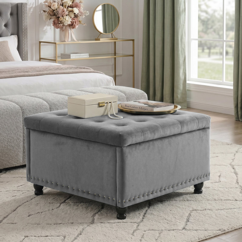 Repose-pieds carré avec rangement Arshi, Velours rose