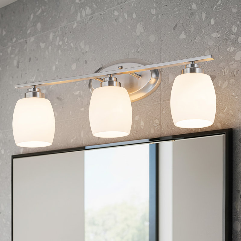 3-light Satin Nickel Vanity Light With White Opal Glass, Satin Nickel