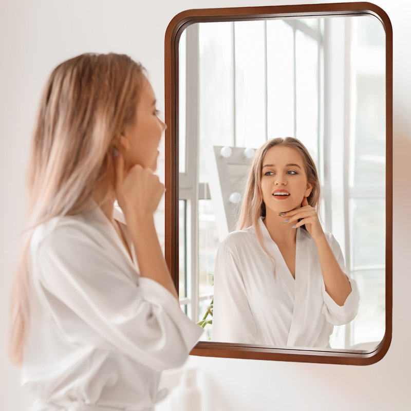 Sarwat Rectangle Wood Wall Mirror for Bathroom Bedroom, Walnut, 36" x 24"