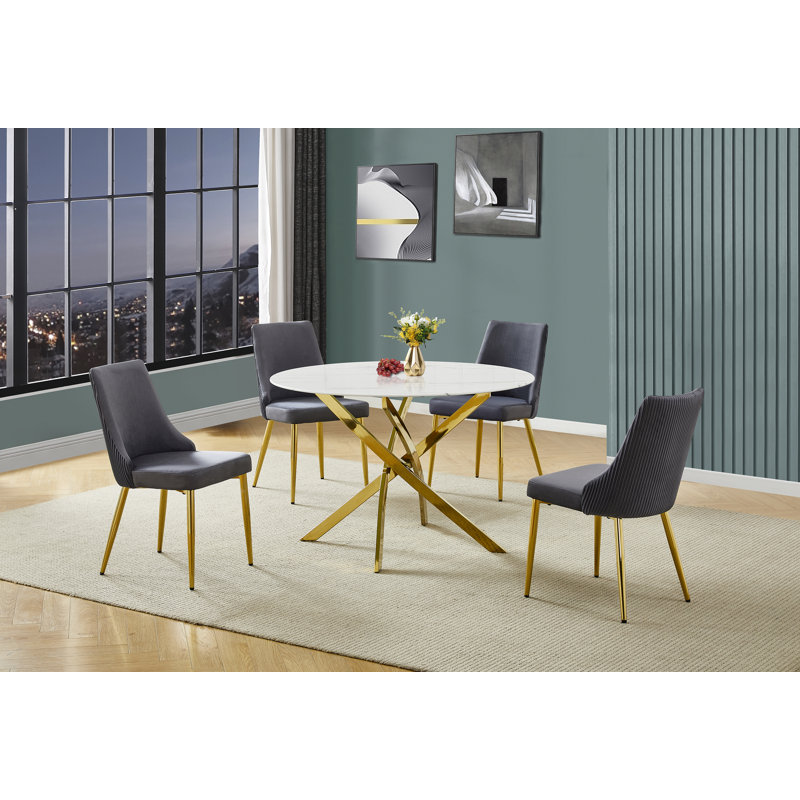 Ensemble de salle à manger rond en verre avec revêtement en marbre blanc et 4 chaises d'appoint en velours, Gris