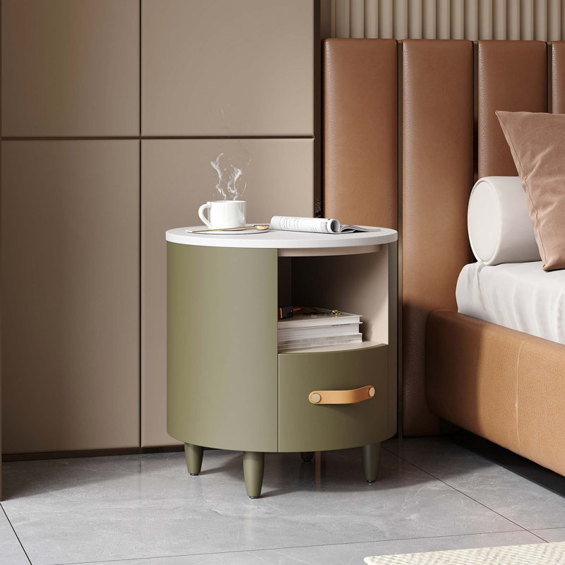 Table de chevet ronde contemporaine avec rangement pour tiroir et tablette ouverte