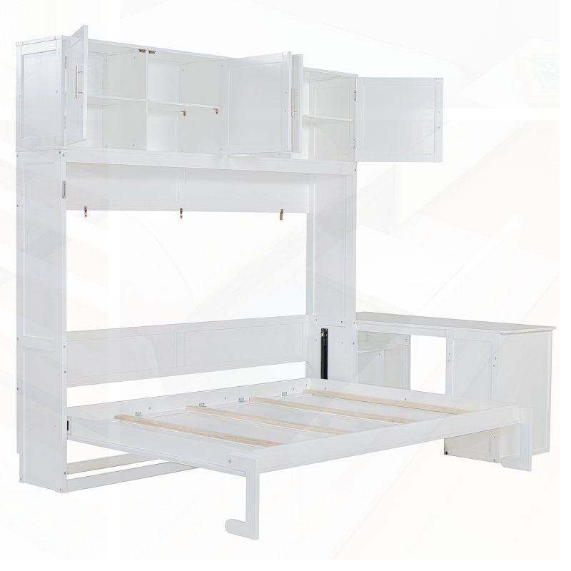 Grand lit escamotable mural avec bureau, tablettes de rangement et grandes armoires pour une utilisation polyvalente et peu encombrante