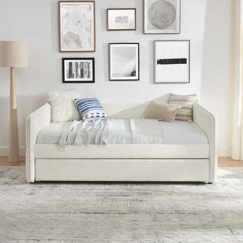 Lit de jour avec couchette, canapé-lit rembourré, cadre de lit moderne, Double, Beige