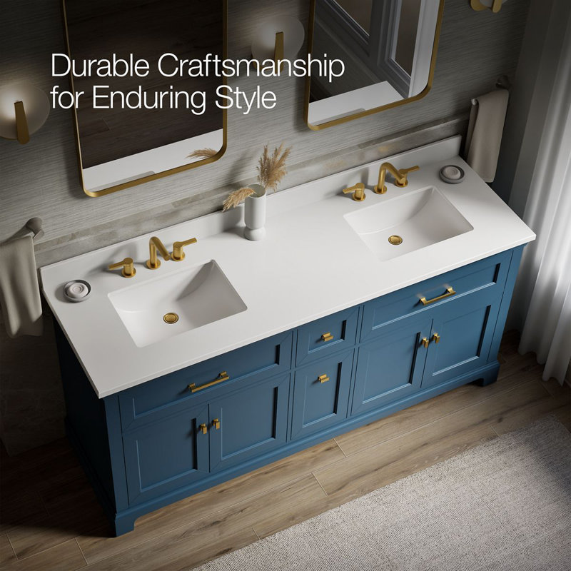 Charlemont 60 In. Bathroom Vanity Cabinet With Sinks And Quartz Top, Tidal Blue, Brushed Brass
