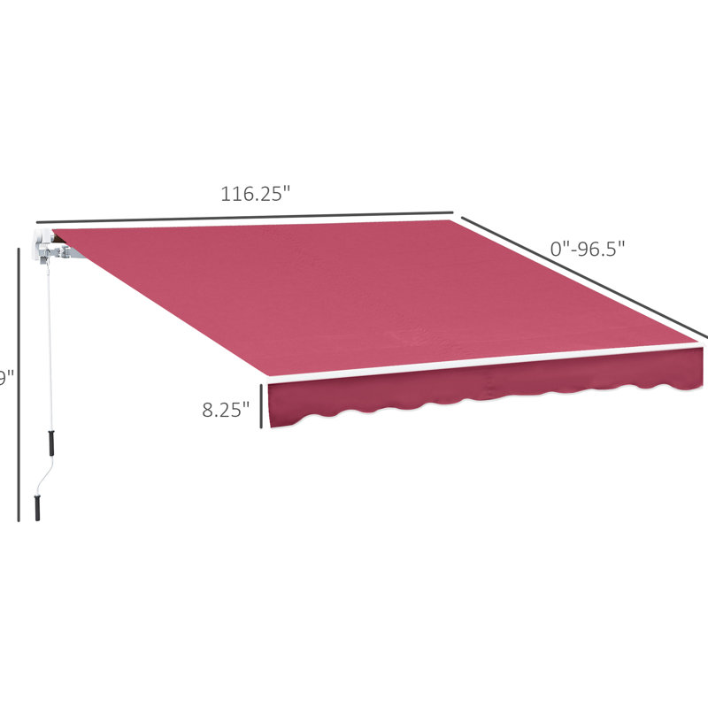 Auvent de patio 10 pi x 8 pi rouge et tissu aquatique avec cadre en aluminium et rétraction manuelle pour terrasse, balcon, cour rouge 8 pi, manivelle