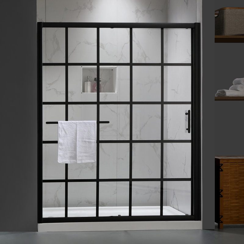 Porte de douche coulissante simple en aluminium avec verre trempé noir Grid et traitement protecteur Cyr 60 po x H 72 po Cyrus
