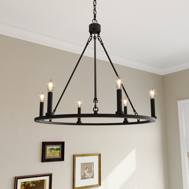 Adriana 6-Light Dimmable Steel Wagon Wheel Chandelier with Sloped Ceiling Adapter, Aged Zinc