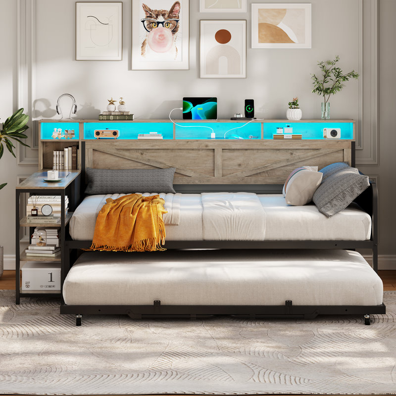 Lit de jour simple avec couchette escamotable, structure de lit de jour en bois de ferme avec 3 tiroirs de rangement et tablettes, lit de jour simple à très grand avec station de charge et lumières DEL pour chambre à coucher, chambre d'amis, gris