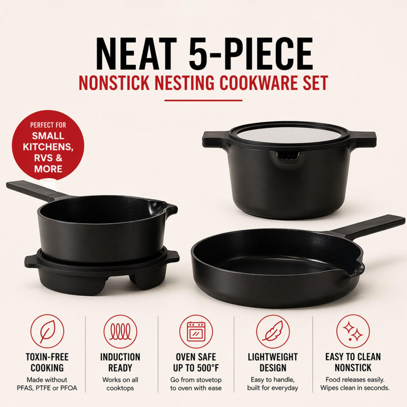 Alva Neat 5-Piece Nesting Cookware Set, Matte Black