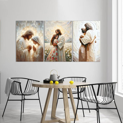 Set Of 3 Framed Canvas Wall Art Jesus Embrace Praying For Jesus Divine Blessings Religious Artworks Christian Style Wall Decor Paintings HD Print Post