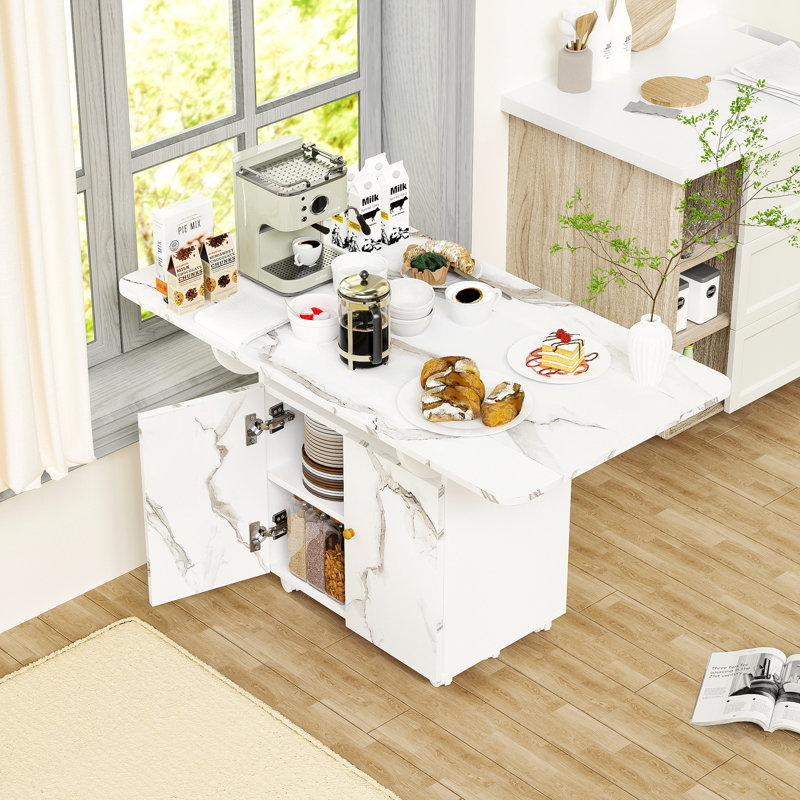 47" Wood Folding Dining Table With Storage Rack And Cabinet, Removable Entryway Table With 6 Wheels, White Marble Color Kitchen Island, Side Table And Coffee Table Versatile Table Space Saving