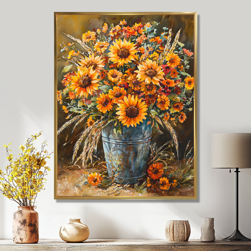 Lusk - décoration murale florale, H 32 po x l 24 po, Impression encadrée flottante, Doré
