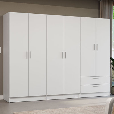 6 Doors 2 Drawers Wardrobe Set Armoire Closet Bedroom Storage Cabinet with Shelves and Hanging Space 94"L Wooden Clothing Organizer Unit