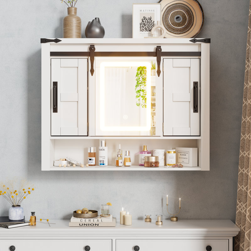 Farmhouse Vanity Medicine Cabinet With Dimmable Led Mirror Touch Control, Wall-Mounted Bathroom Cabinet With Sliding Barn Door, 2 Storage Cabinets