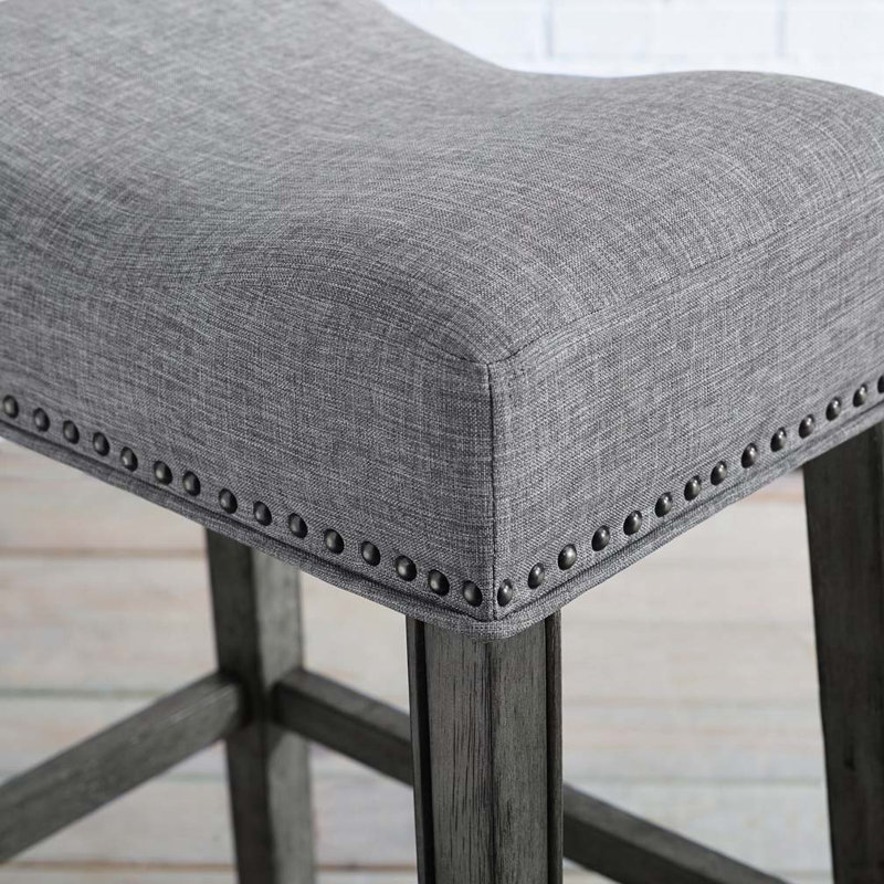 Backless Fabric Upholstered Wood Bar Stools Set with Nailedhead Trim