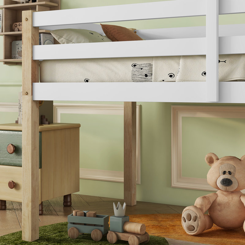 Lit mezzanine simple en bois massif et en bois d'hévéa avec échelle, plateforme de lattes renforcées, blanc naturel