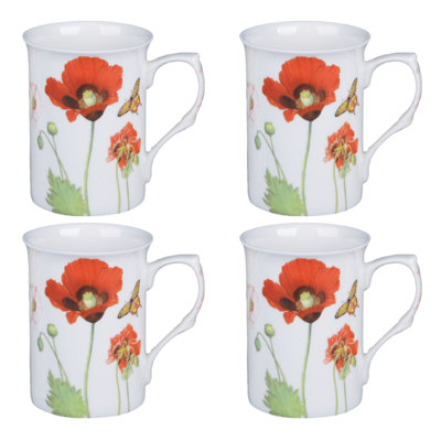 Tasses en porcelaine fine à motif de coquelicots et de papillons, ensemble de 4