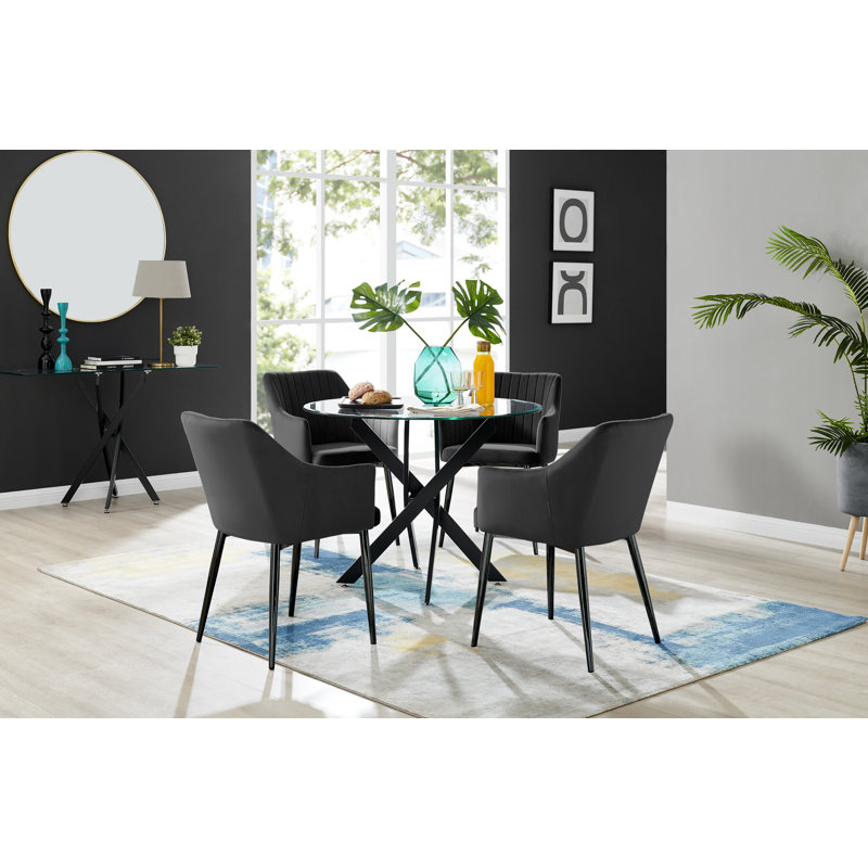 Bernell Modern Chrome Metal & Glass Round Dining Table Set with 4 Luxury Button Velvet Chairs, Black/Black