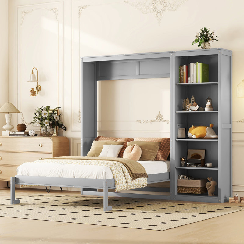 Lit escamotable mural avec tablettes Murphy, Gris, Grand lit