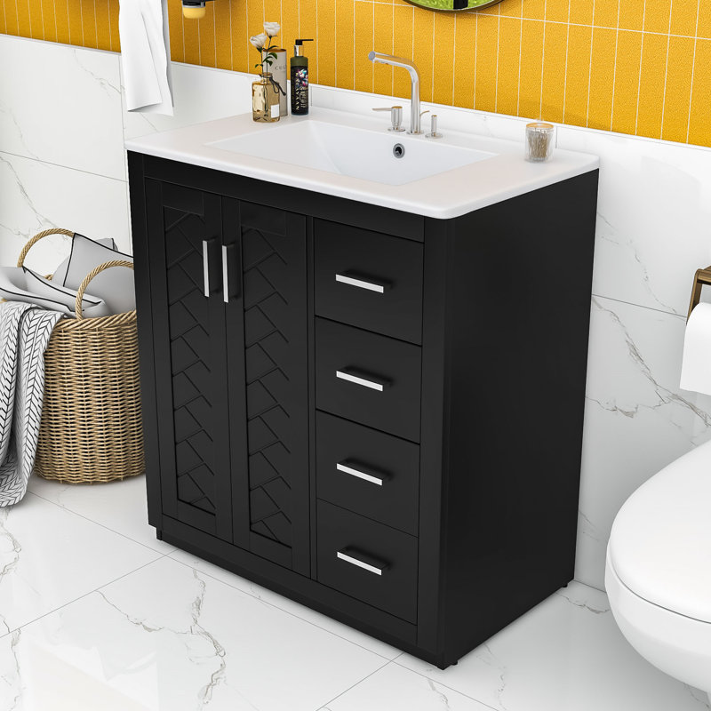 Ensemble de meuble-lavabo en bois avec plateau en céramique, 3 tiroirs de rangement et portes d'armoire à fermeture en douceur