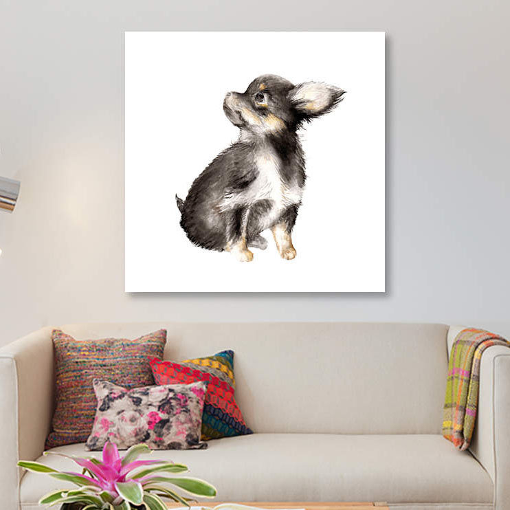 « long-cheveu chihuahua », reproduction sur toile, H 18 po x l 18 po x P 1,5 po