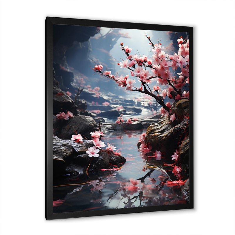 Art asiatique cerisier en fleurs Kristofferson IV - reproduction, H 20 po x l 12 po x P 1 po, Cadre photo noir