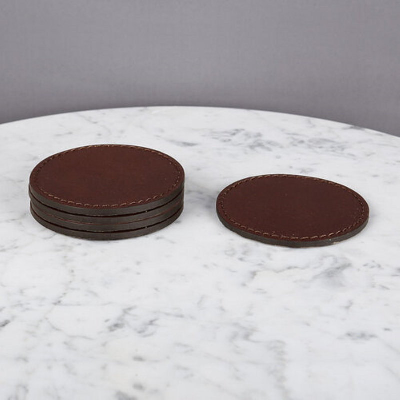 Leather Round 5 Piece Coaster Set, Mocca