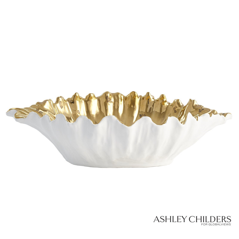 Organic Wave Oval Bowl-White-Lg, 6.25" H x 24" W x 14.25" D, White/Gold