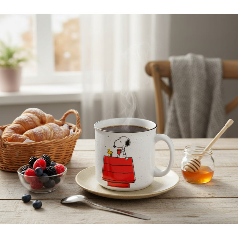 Peanuts Snoopy And Woodstock Get Cozy 20Oz Ceramic Camper Mug, Cute Cartoon Coffee Cup For Home And Office